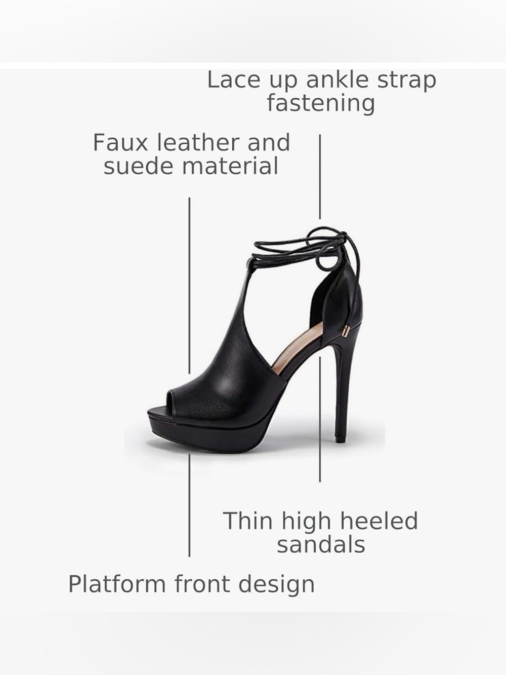 Lace-Up Peep Toe High Heel Platform Sandal - Black - Picture 3 of 5